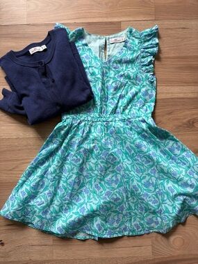 Vineyard Vines Girls' Turquoise Floral Ruffle Sleeve Dress- EEUC